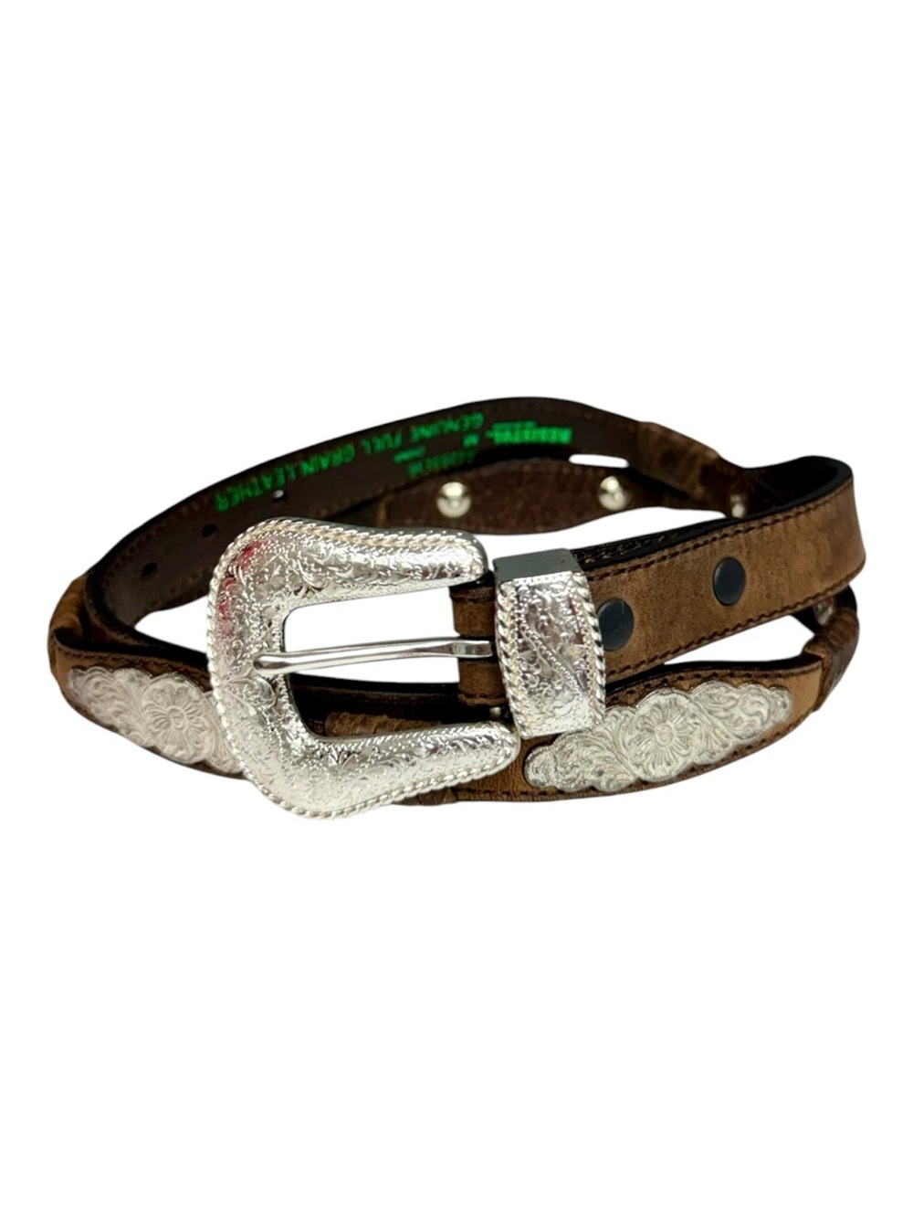 Resistol Brown Leather Western Concho Belt Engraved Silver Buckle Medium